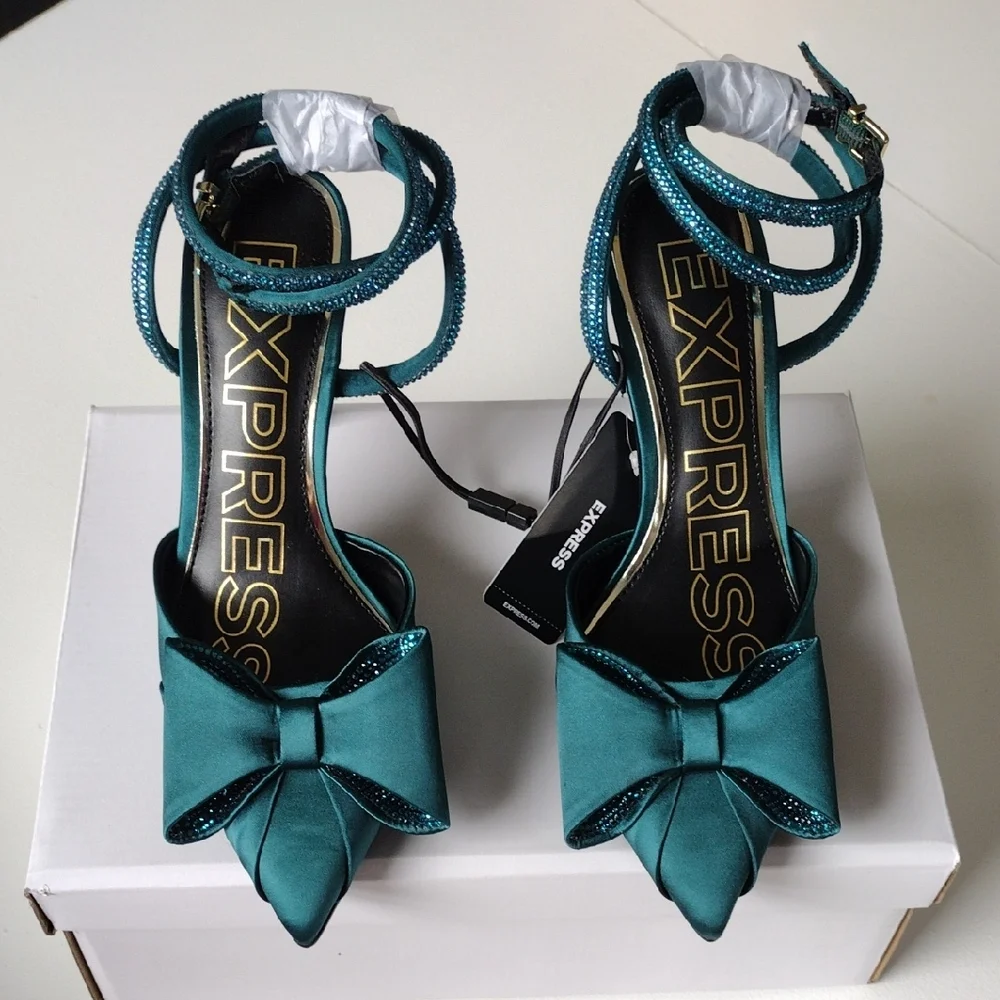 Express Teal Bow Rhinestone Women's Strap Pumps Heels. Size 6. - Picture 4 of 11